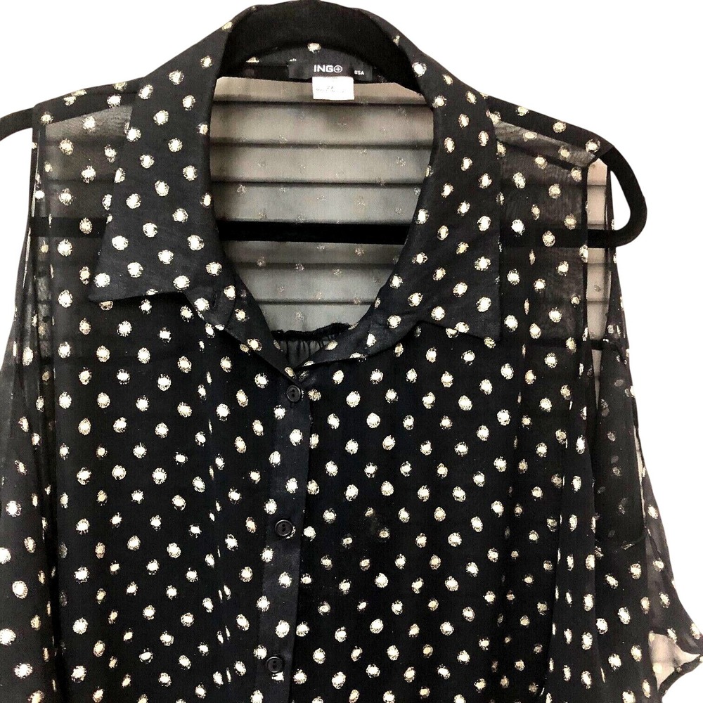 ING Womens Tunic Top Blouse‎ Black Gold Polka Dot Peek Shoulder USA Sheer 2X